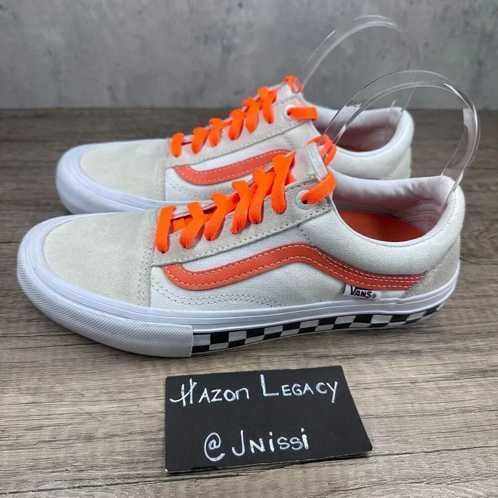 Vans~Mens~Old‎ Skool Pro Shoes White Orange Checkerboard Skate Sneakers~Size 6